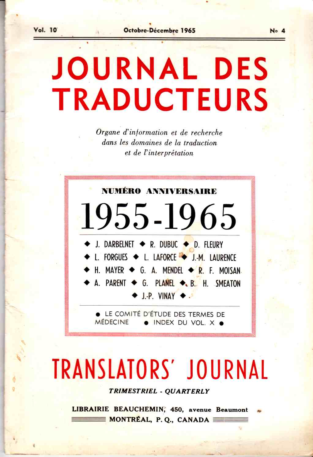 Journal Des Traducteurs Translators' Journal Octobre-Decembre 1965 Image for Journal Des Traducteurs Translators' Journal Octobre-Decembre 1965