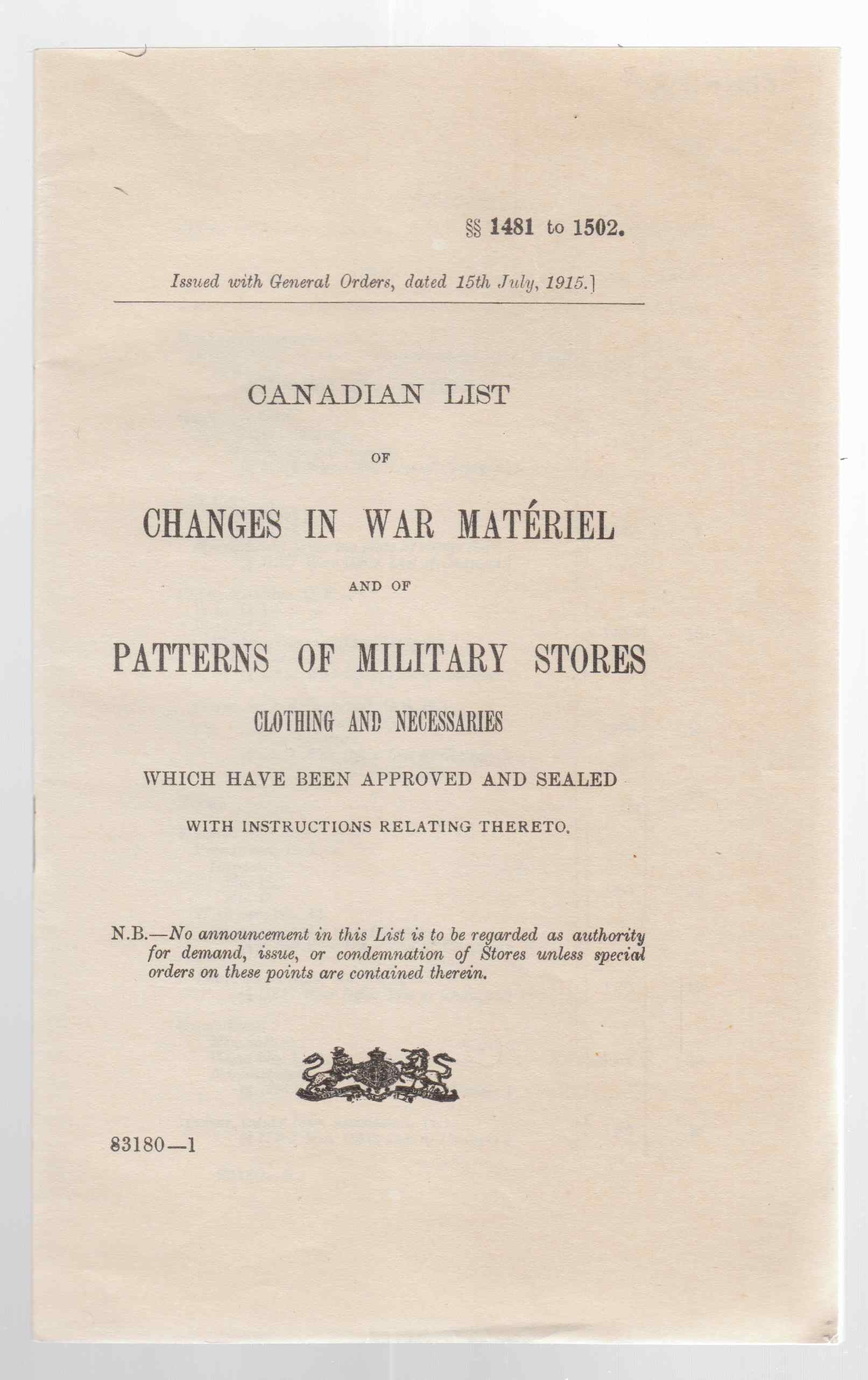 Image for Canadian List of Changes in War Materiel and of Patterns of Military Stores Clothing and Necessaries Which Have Been Approved and Sealed with Instructions Hereto