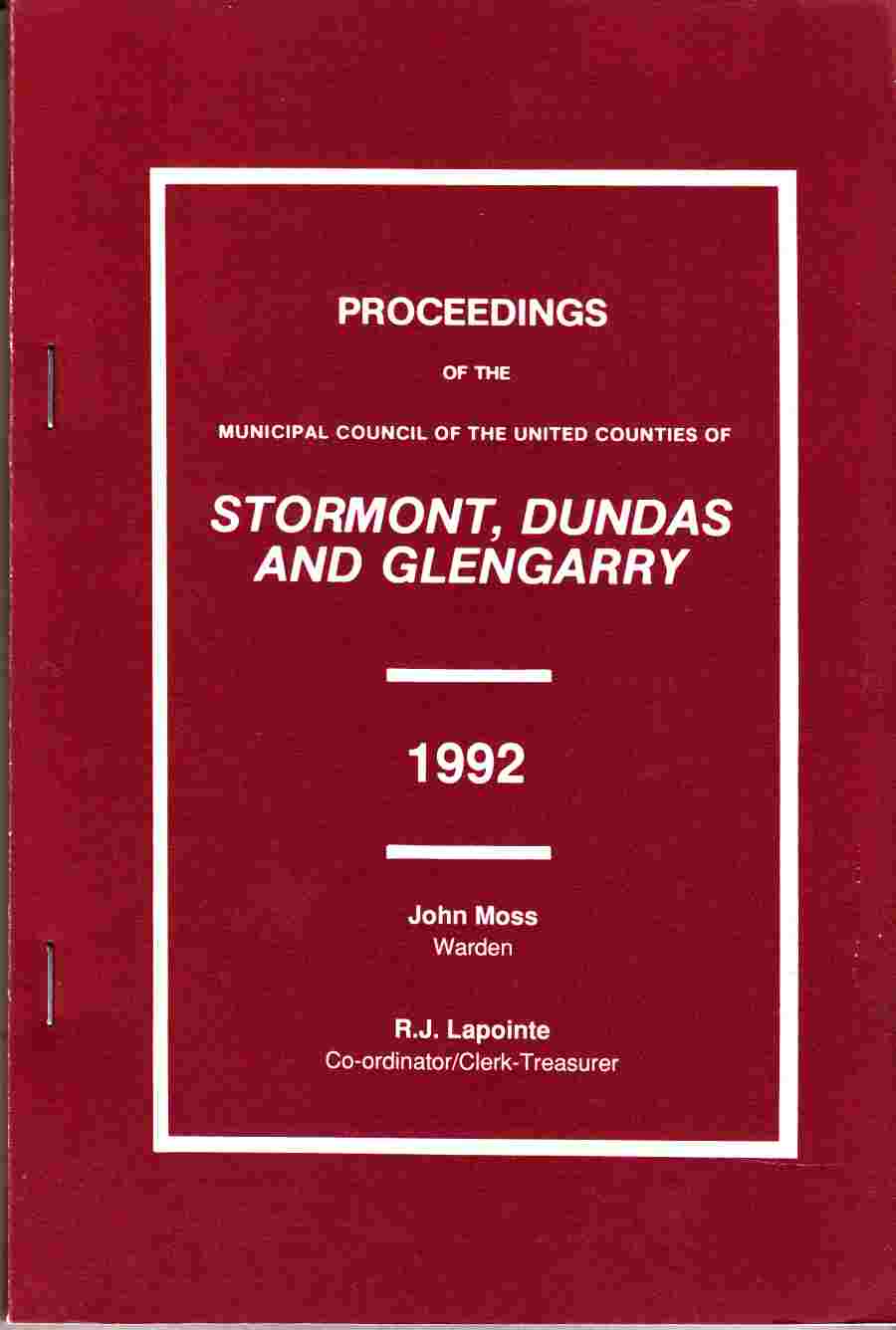 Image for Proceedings of the Municipal Council of the United Counties of Stormont, Dundas and Glengarry 1992