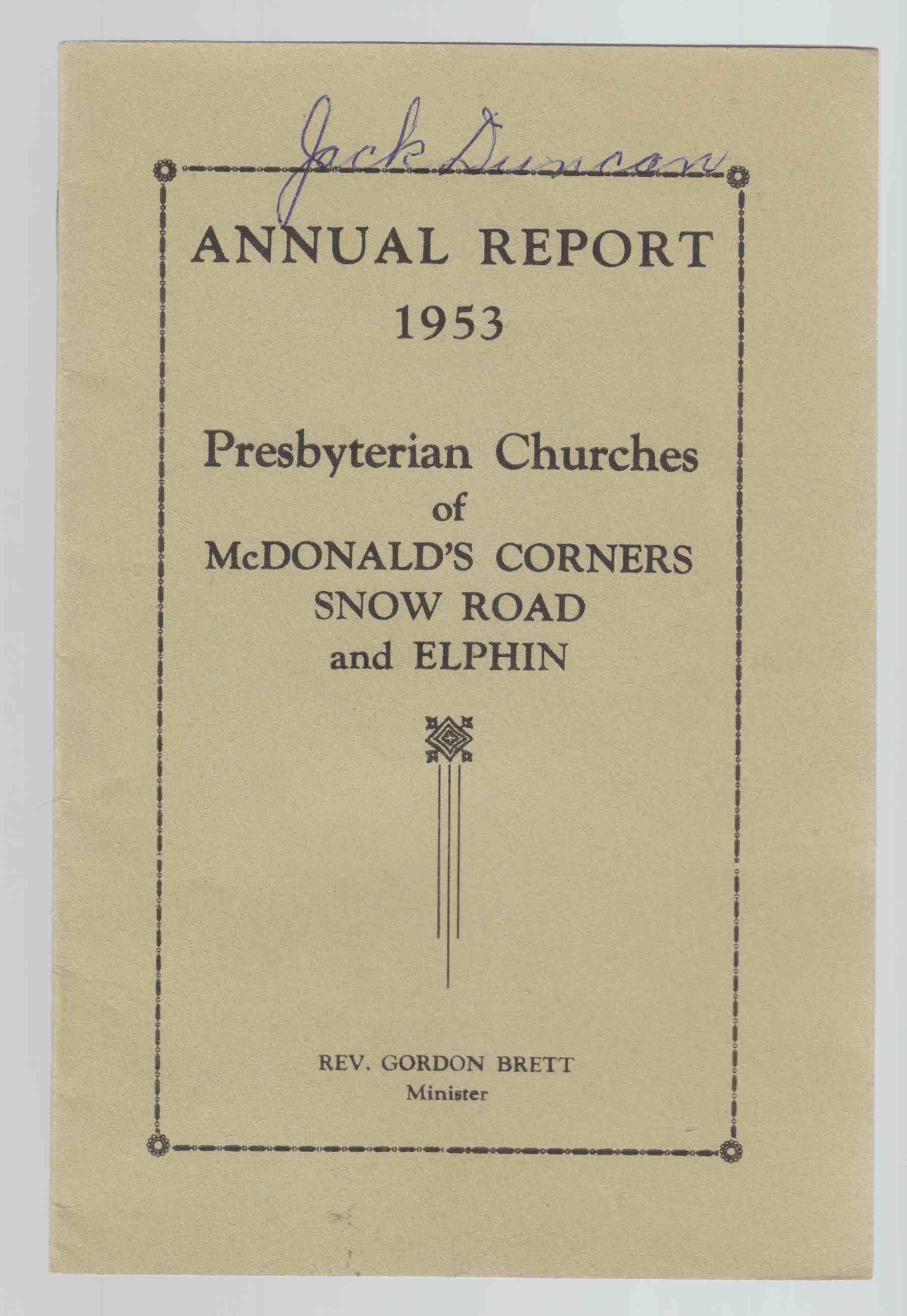 Image for Annual Report 1953 Presbyterian Churches of Mcdonald's Corners, Snow Road and Elphin