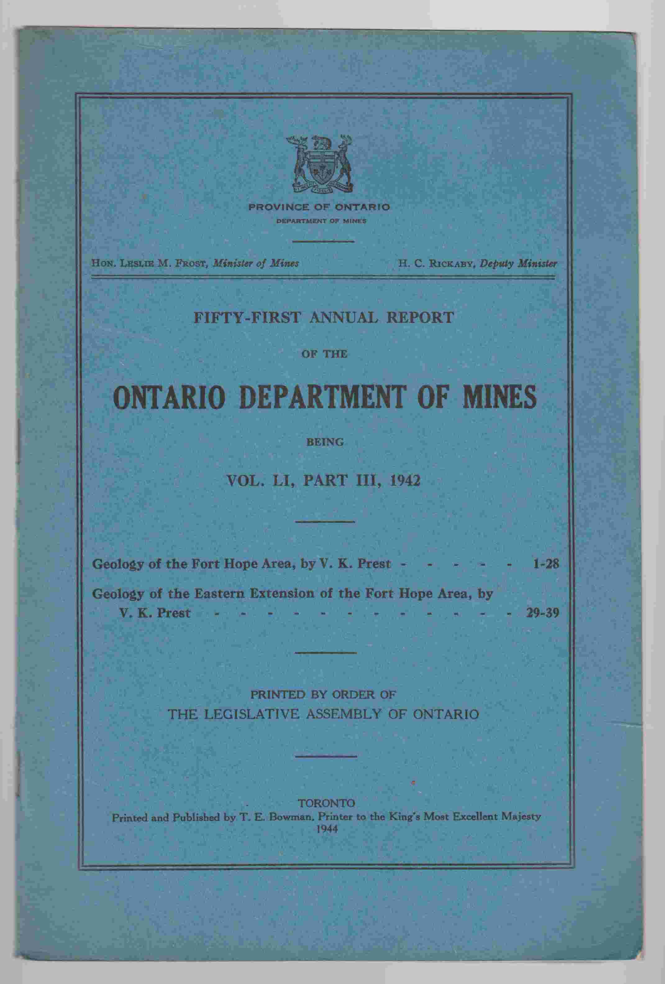 Image for Fifty-First Annual Report of the Department of Mines Being Vol. LI, Part III, 1942 Geology of the Fort Hope Area ; Geology of the Eastern Extension of the Fort Hope Area