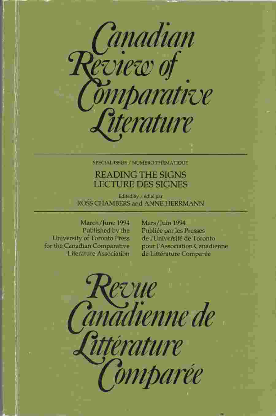 Image for Canadian Review of Comparative Literature March/june 1994 Reading the Signs / Lecture Des Signes