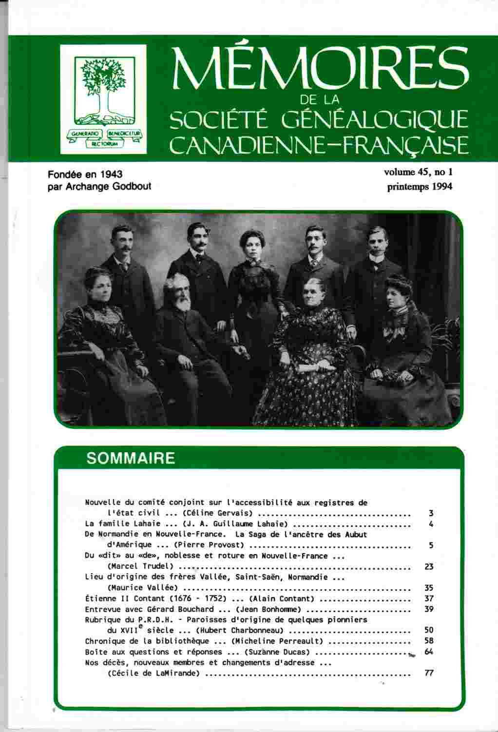Image for Memoires De La Societe Genealogique Canadienne-Francaise Volume 45, No 1 Printemps 1994
