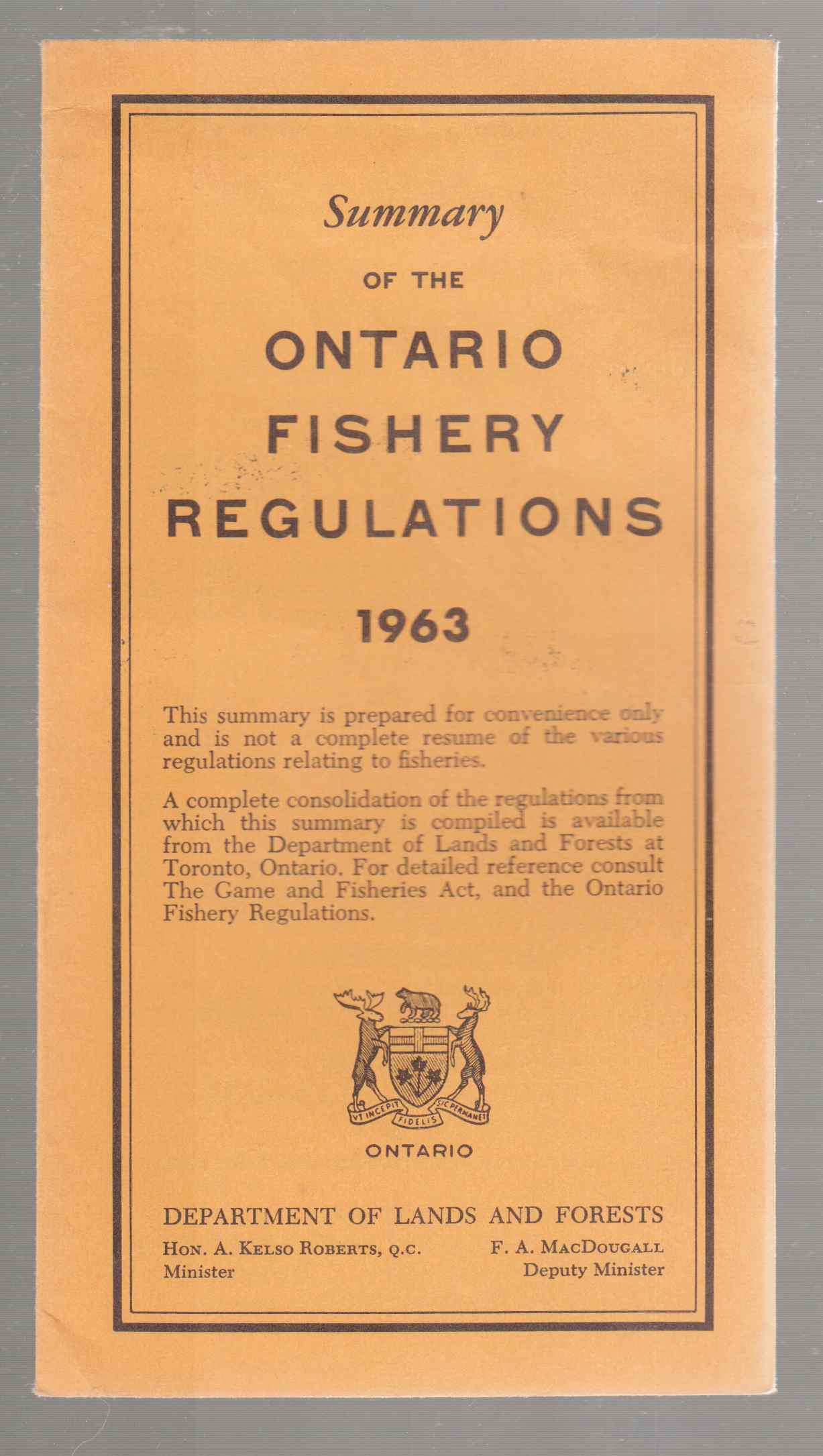 Image for Summary of the Ontario Fishery Regulations 1963